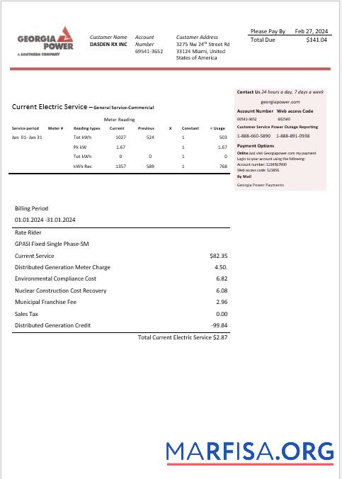 Printable USA Georgia Power business utility bill template in Word and PDF formats, fully editable